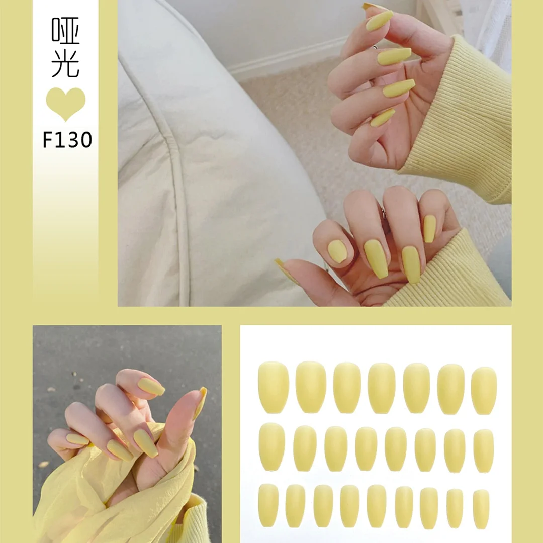 24pcs/box Full Cover fake Press on Nails Matte Yellow Pure Acrylic Frosted Ballerina acrylic for nails for Women and Girls-Nail Inspo