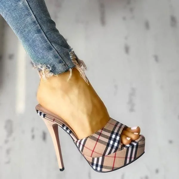 Women's Peep Toe Plaid Slip-on Stilettos Thin Heels