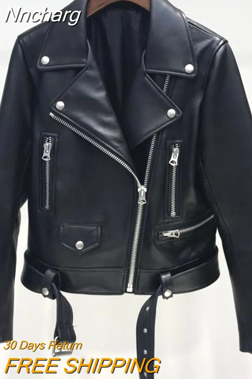 Nncharge New Autumn Women Pu Leather Jacket Woman Zipper Belt Short Coat Female Black Punk Bomber Faux Leather Outwear