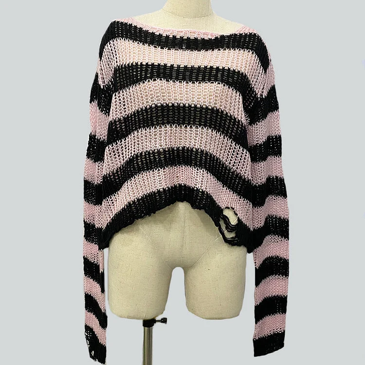 Grunge Striped Ripped Short Sweater - Gotamochi Kawaii Shop, Kawaii Clothes