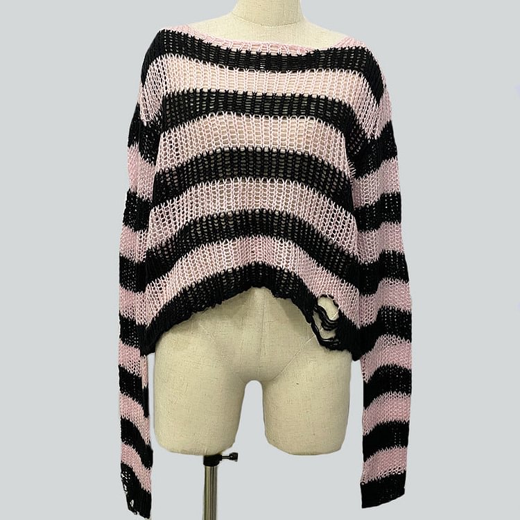 Grunge Striped Ripped Short Sweater - Gotamochi Kawaii Shop, Kawaii Clothes