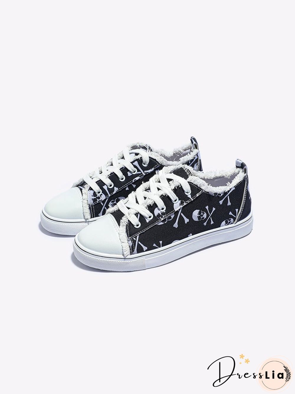 Halloween Black Skull Print Distressed Lace Up Sneakers