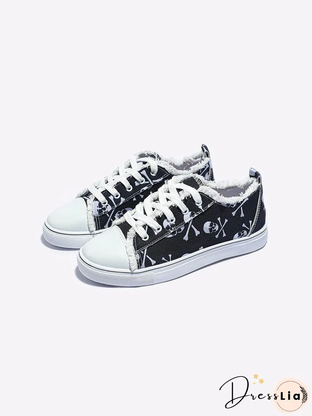 Halloween Black Skull Print Distressed Lace Up Sneakers
