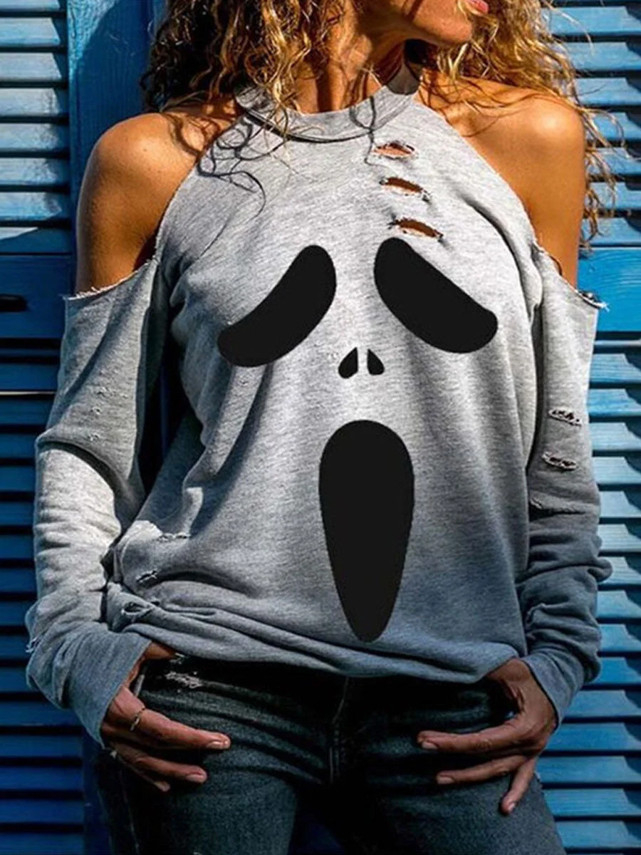 Printed Hole Hollow Long Sleeve T-shirt
