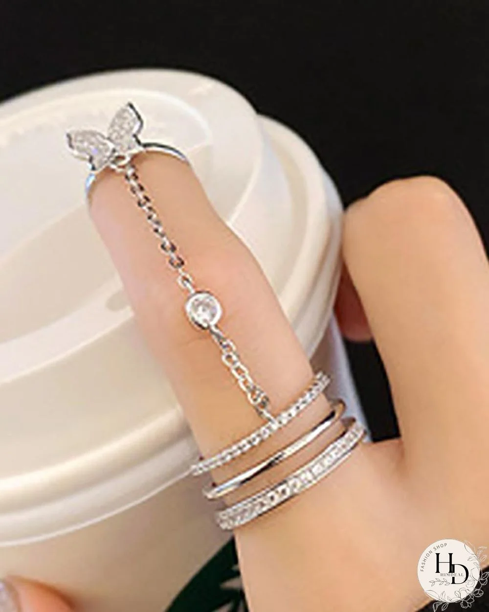 1PCS Studded Decor Butterfly Pattern Chain Strap Ring