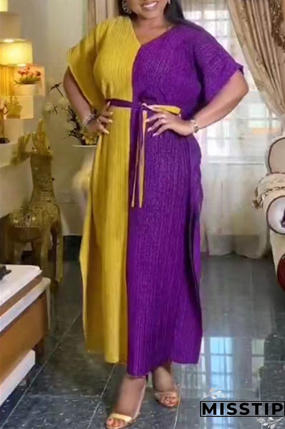 Green Casual Solid Patchwork V Neck Long Dress Dresses