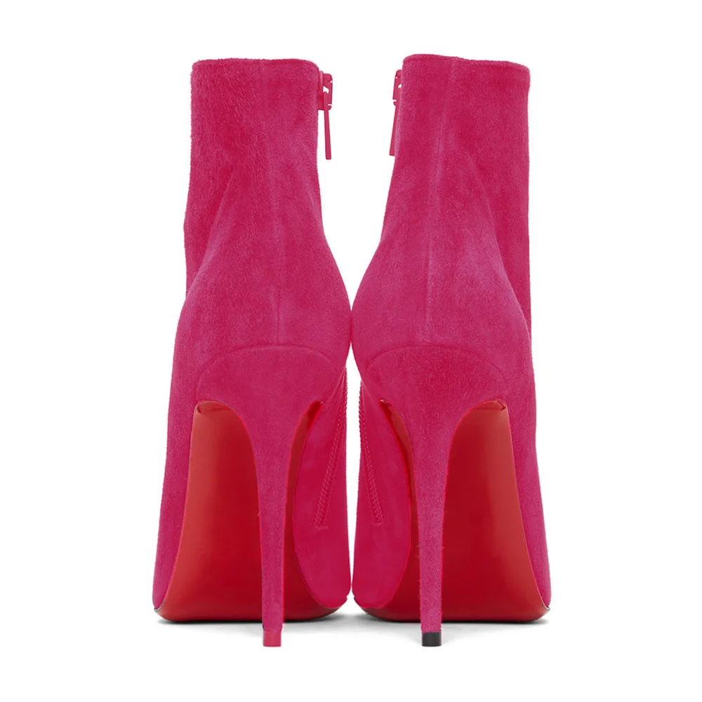 100mm Red Bottom Women's Closed Pointed Toe Stilettos Ankle Boots Suede-MERUMOTE
