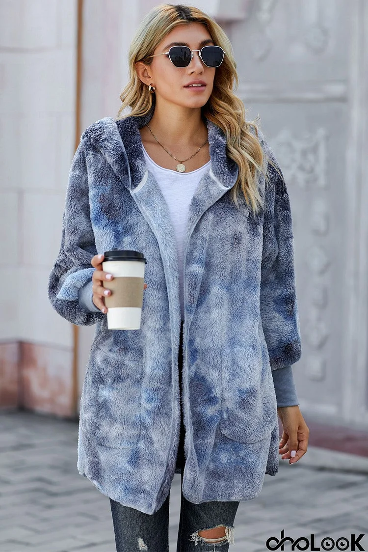 Women's Blue Tie Dye Soft Fleece Hooded Open Front Coat