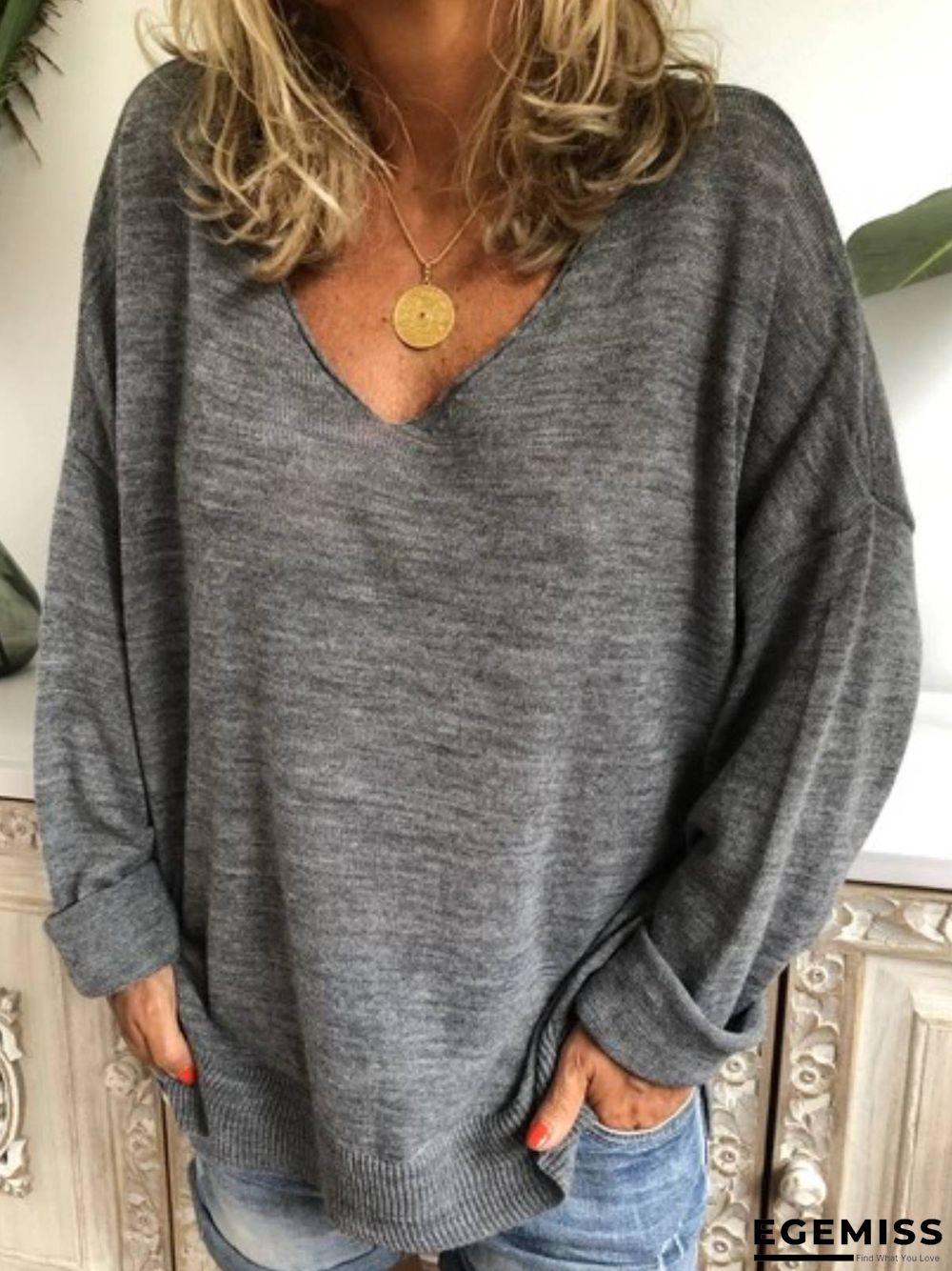 Beige Knitted Long Sleeve Casual Plus Size Sweater | EGEMISS