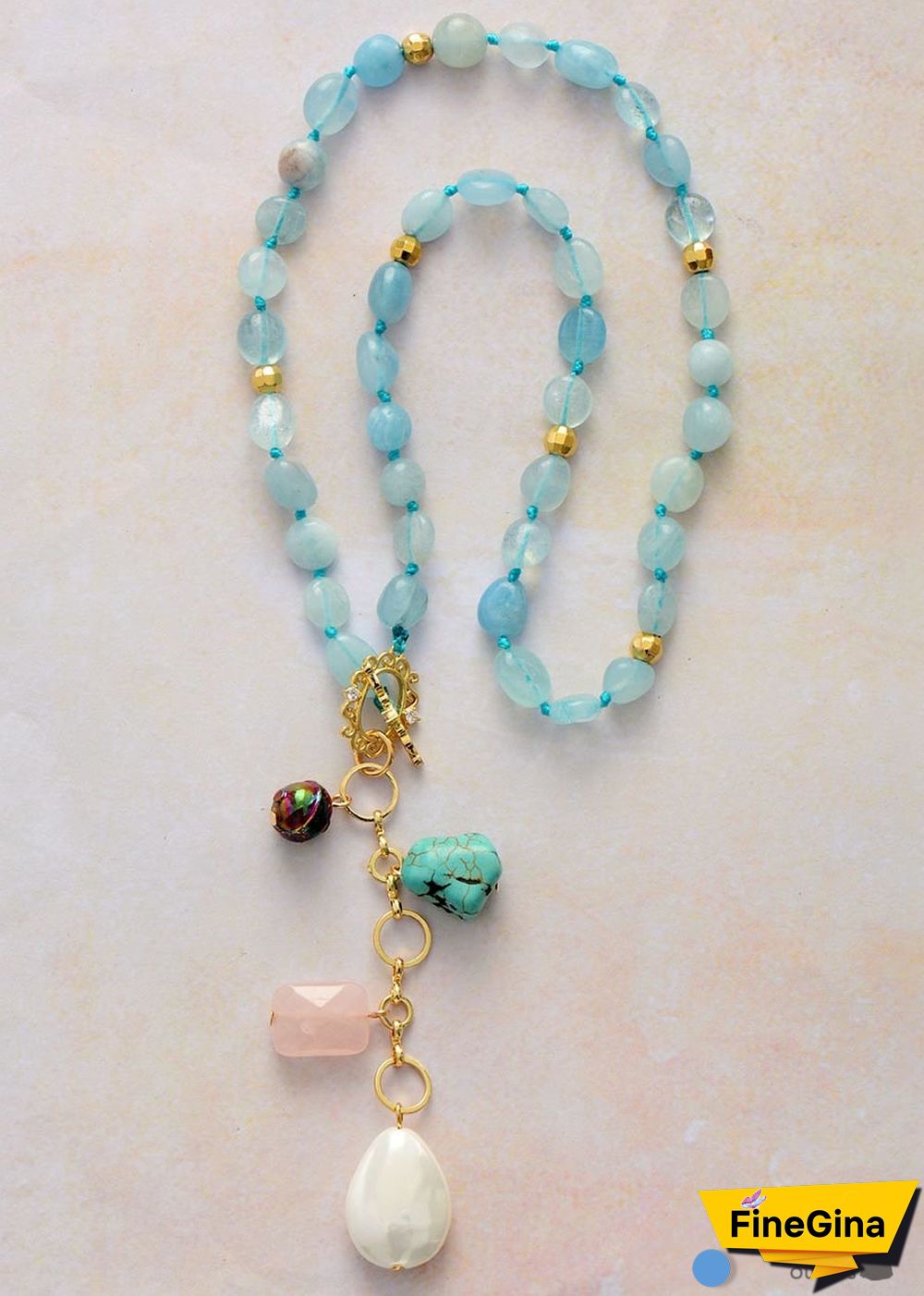 Boho Necklace, Mala Necklace,Blue Aquamarine, Rose Charm, Elegant Lariat