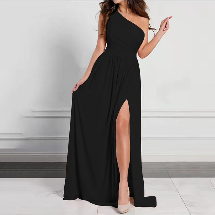 Sloping Shoulder Elegant Sleeveless Slit Maxi Dress