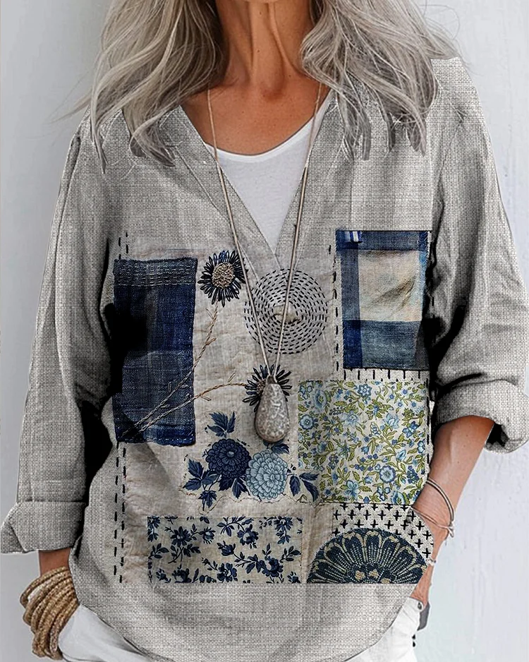 Women's  Boro Patchwork Print Casual Linen V-neck Shirt