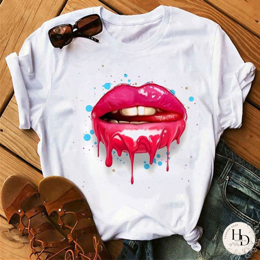 White Rose Red Fashion Casual Lips Printed Basic O Neck Tops
