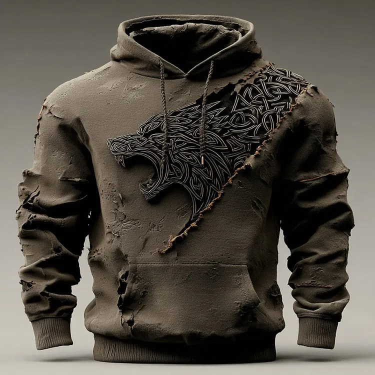 Men's Retro Celtic Knot And Wolf Pattern Hoodie