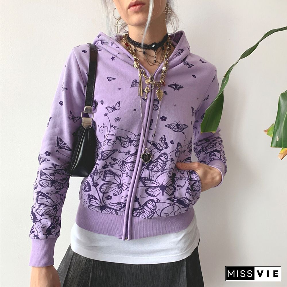 Butterfly Coat-Aesthetic Fairycore Grunge Long Sleeve Crop Tops Y2k Women Hooded Jacket
