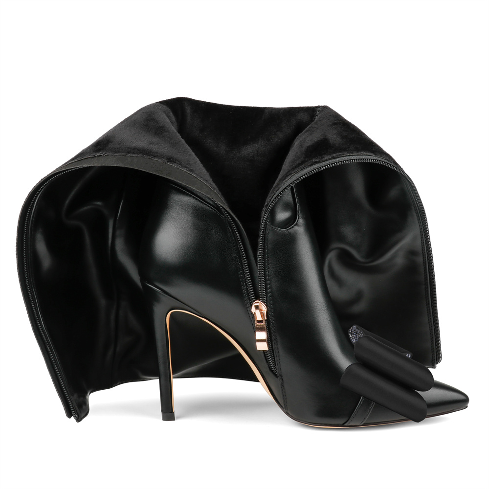 100mm Women's Fashion Zipper Leather High Heels Knee Boots Bowknot Shoes-MERUMOTE