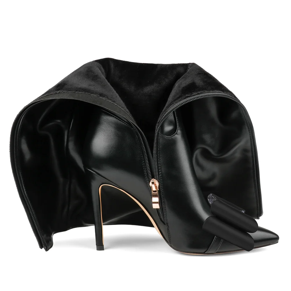 100mm Women's Fashion Zipper Leather High Heels Knee Boots Bowknot Shoes-MERUMOTE