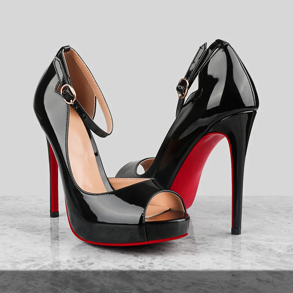 120mm/4.72 Inch Red Bottom Ankle Strap Platform Party Open Toe Slim High Heels