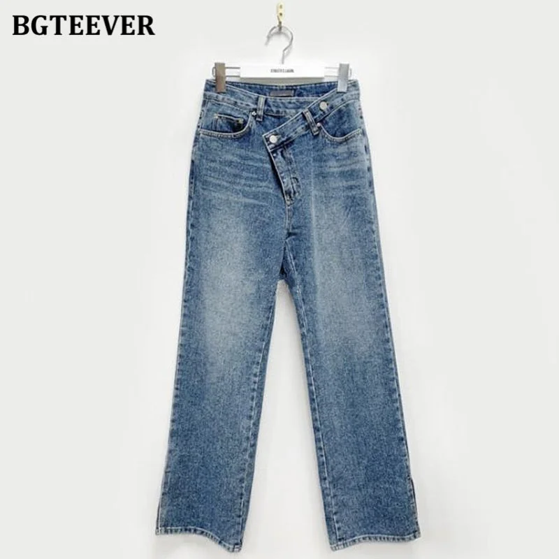 BGTEEVER Casual Asymmetric High Waist Straight Jeans for Women Side Split Denim Blue Jeans Trousers Female Long Pantalon Femme