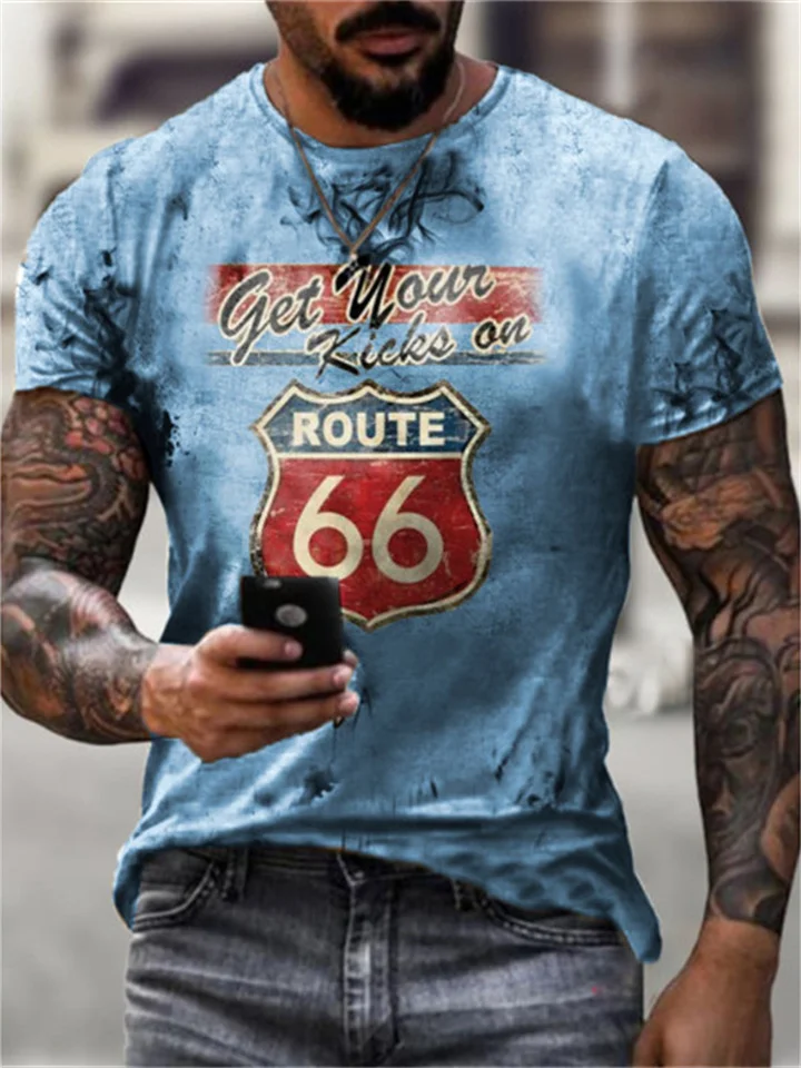 Summer Route 66 Digital Print Round Neck Comfortable Loose Short-sleeved Men's 3D T-shirt