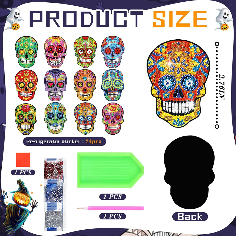 12pcs DIY Skull Diamond Painting Magnets Refrigerator for Adult Kid Fridge Car