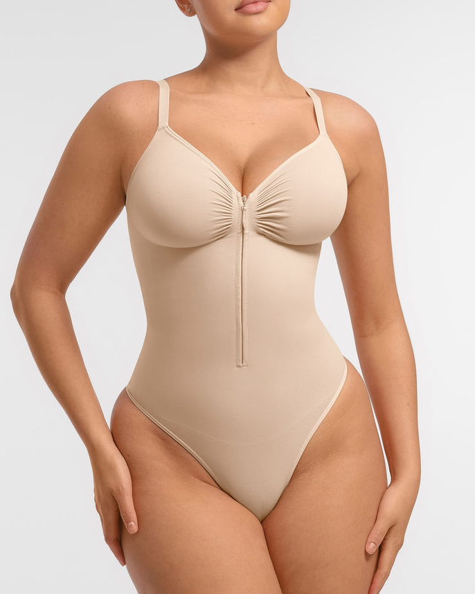 Seamless Zip-Up Thong Snatched Waist Body Suit V Neck Body Shaper