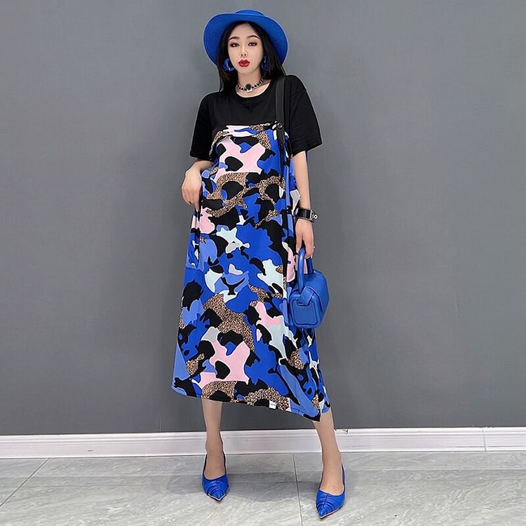 Fashion Loose O-neck Camouflage Patchwork Short Sleeve Mid-calf Dress      