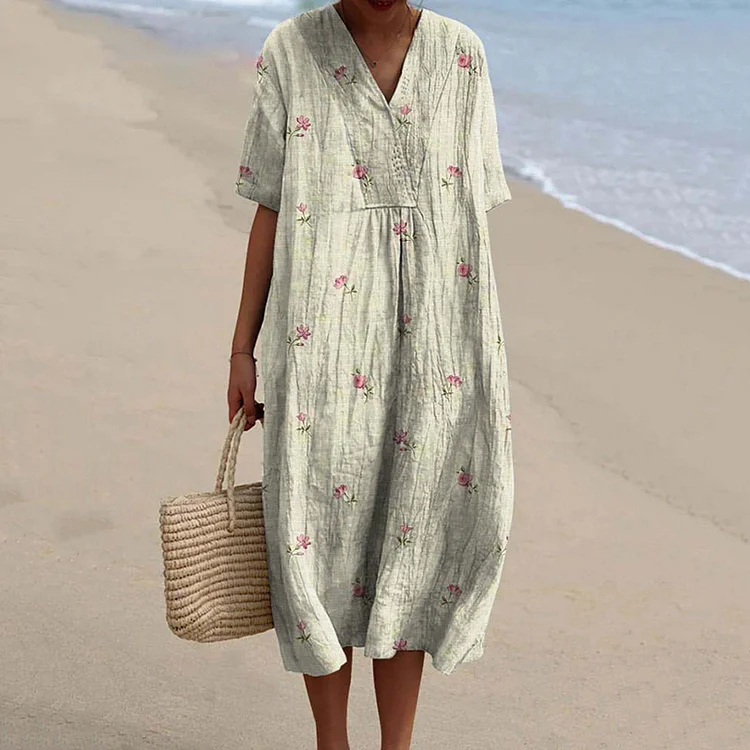 Petite Pink Spring Floral Pattern Printed Cotton Linen Dress