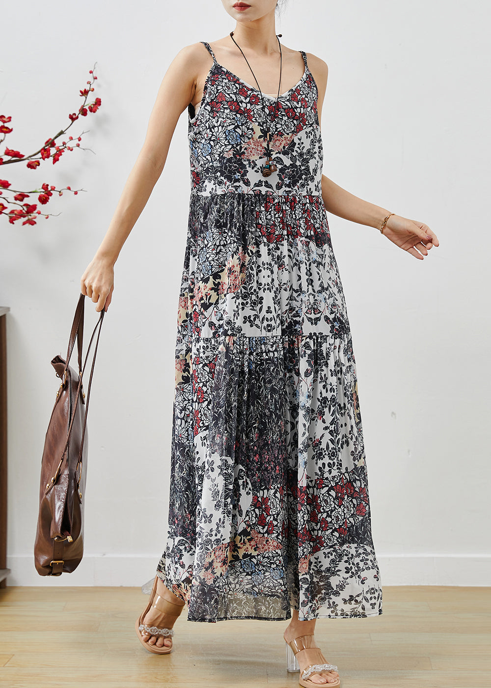 VCSHOES Black Print Exra Large Hem Chiffon Spaghetti Strap Dress Summer