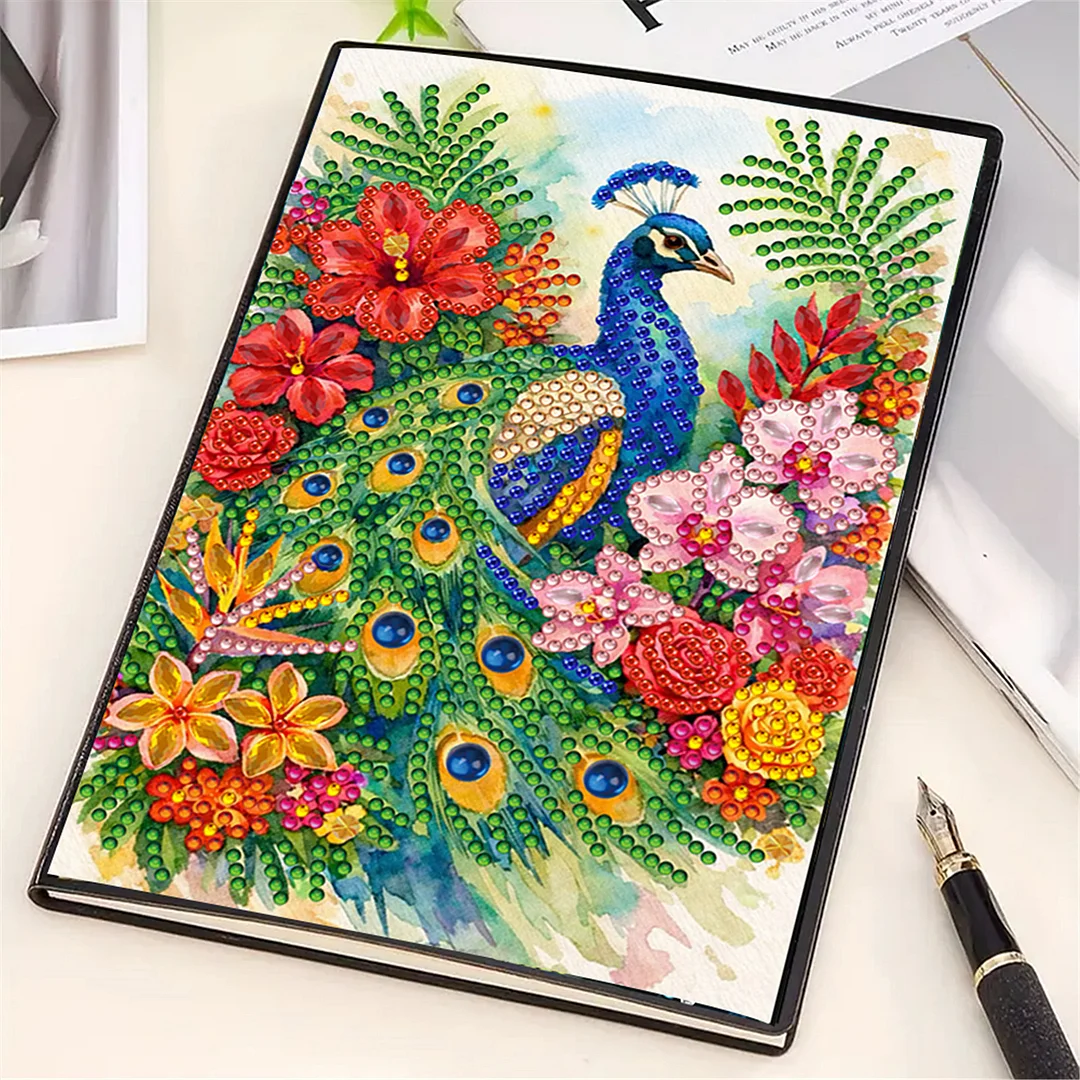 DIY Flower Diamond Painting Journals Notebooks 50 Pages A5 No Lines Special Shaped Diamond Art Kits for Beginners Craft Lovers and Artists (Peacock and Flowers)
