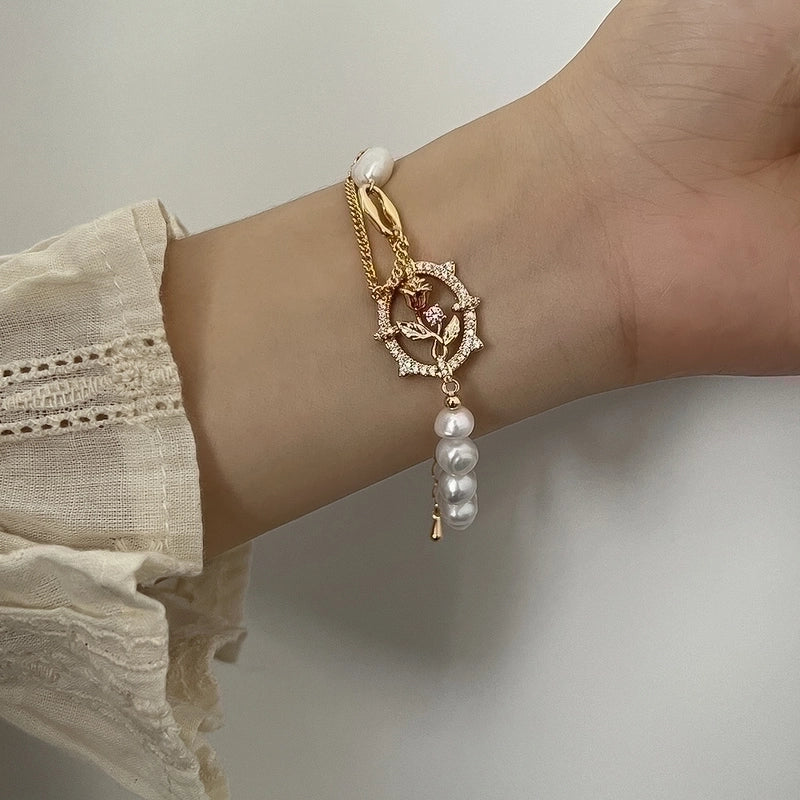 Copper 18K Gold Plated Beach Artistic Shiny Rose Pearl Hollow Out Inlay Zircon Bracelets Necklace