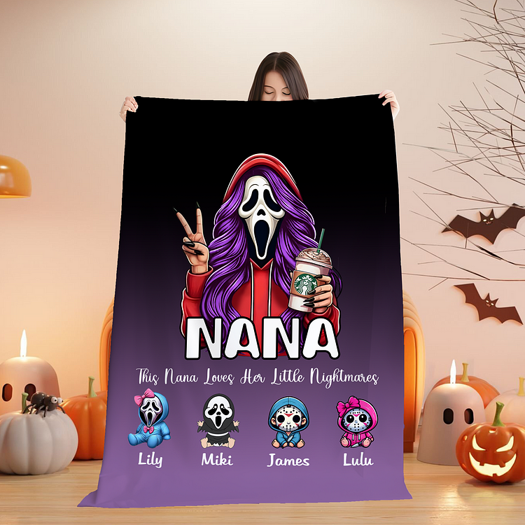Horro Mama with Kid's Name Personalized Flannel Blanket Ghost Face Mama Blanket