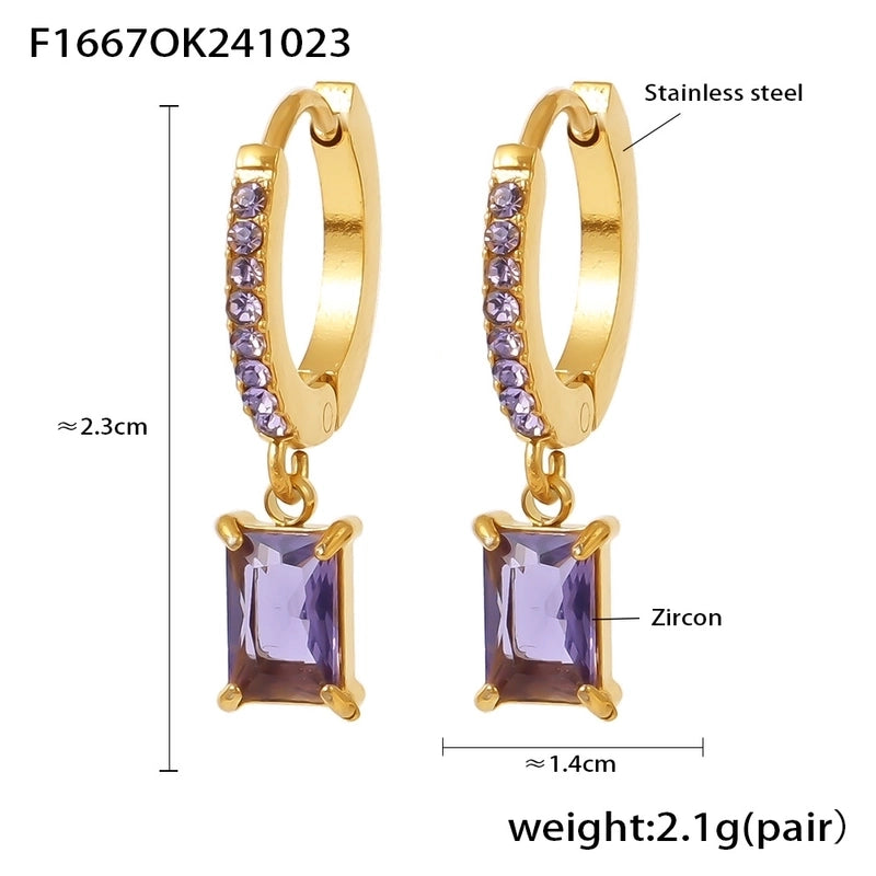 1 Pair Elegant Vacation Rectangle Inlay 304 Stainless Steel Zircon 18K Gold Plated Drop Earrings