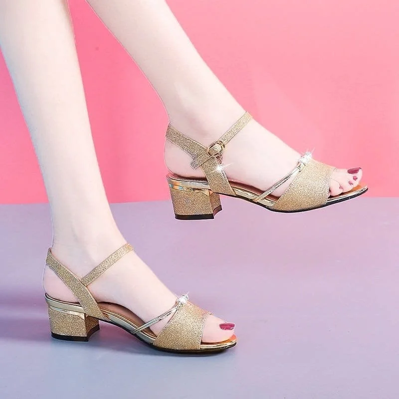Gold Peep Toe Women Sandals Buckle Summer Fashion Ladies High Heels Sandals Square Heels Solid Basic Sandals