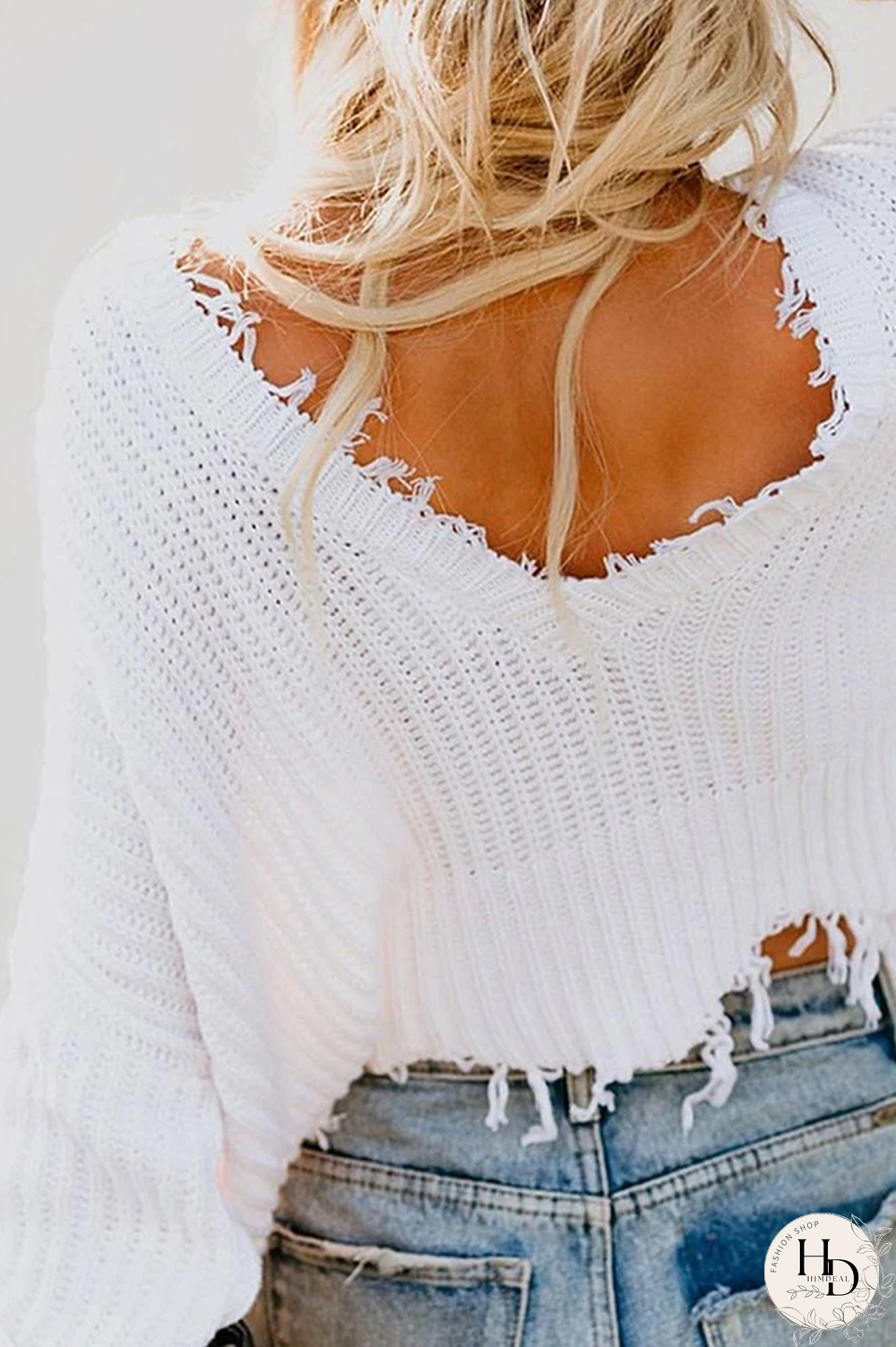 V-Neck Fringed Long-Sleeved Sweater
