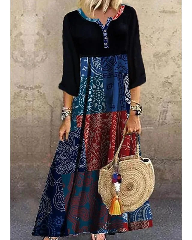 Women's Shift Dress Maxi Long Dress Half Sleeve Print Summer Hot Casual Boho Vacation Dresses Black Dresses