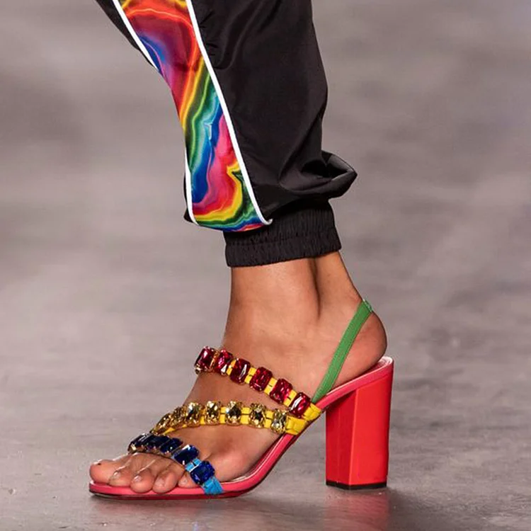 Multicolor Rhinestone Open Toe Chunky Heel Slingback Sandals Vdcoo