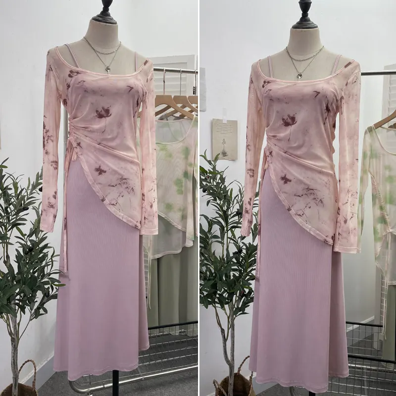 Churchf Dizzling U-Neck Rope Long-Sleeved Mesh Yarn Coat + Sling On The Back Of The Long Dress Two Sets 8859