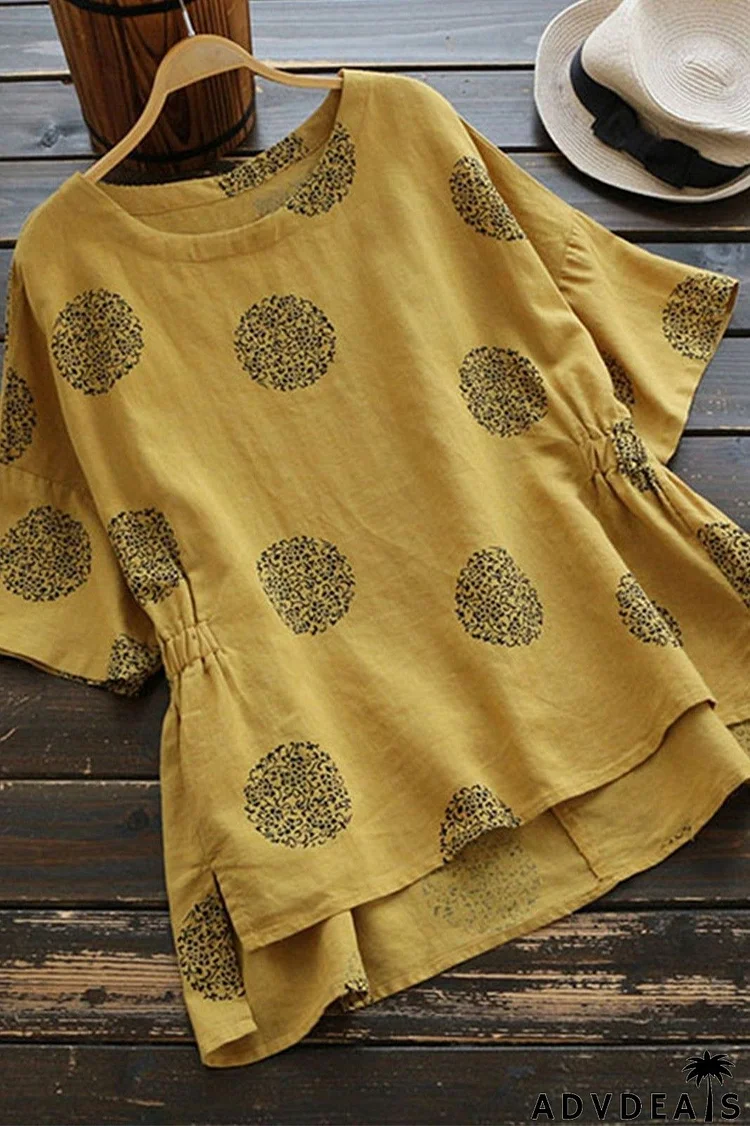 Polka Dot Print Crew Neck Half Sleeves Blouse