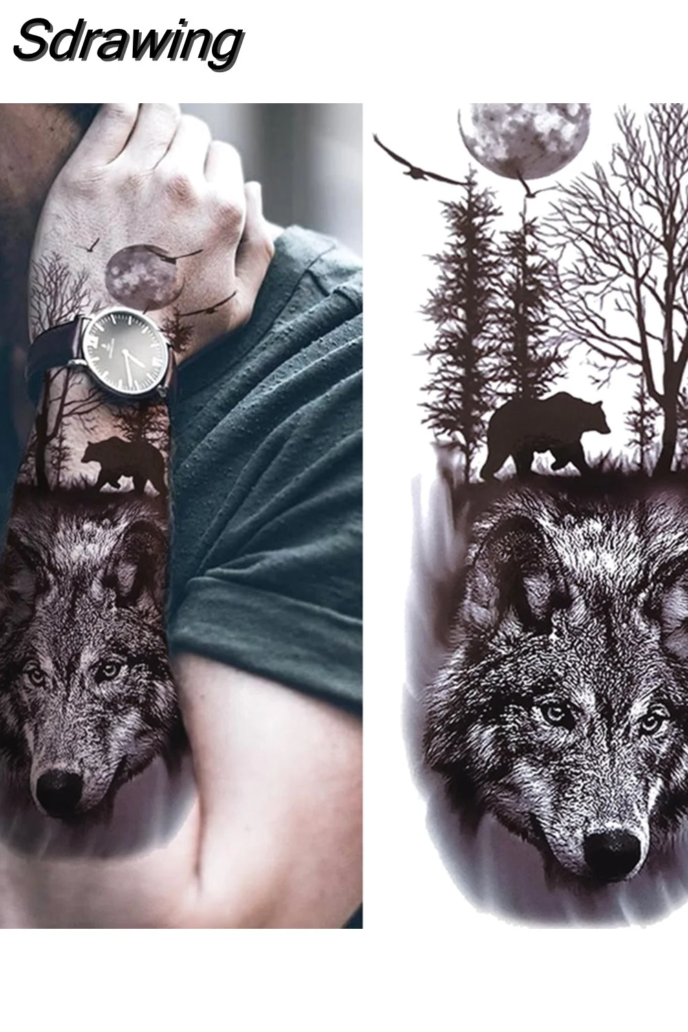 Sdrawing Forest Tattoo Sticker For Men Women Children Tiger Wolf Death Skull Temporary Tattoo Fake Henna Skeleton King Animal Tatoo 521-0