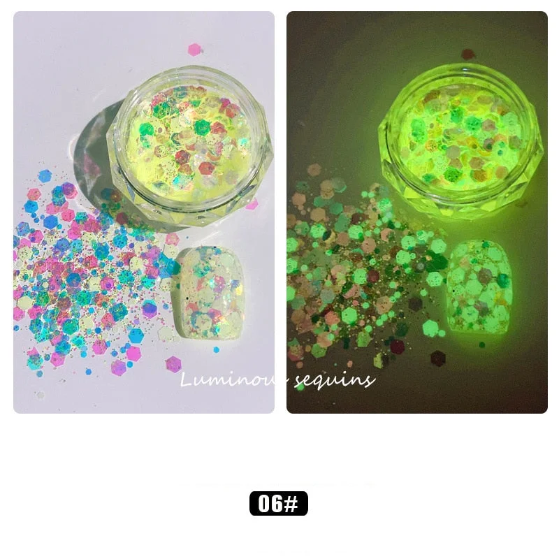 1 Box Luminous Nail Glitter Neon Hexagon Fluorescent Flake Glow in the Dark Sequin Nails Art Decorations Manicure Accessories-Nail Inspo
