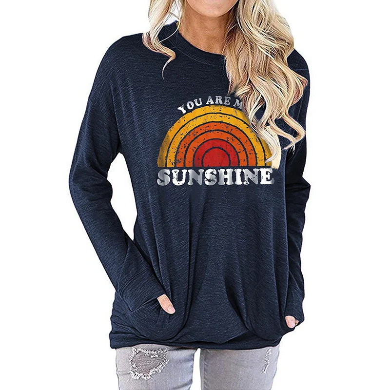 Navy Blue You Are My Sunshine Pullover Tops