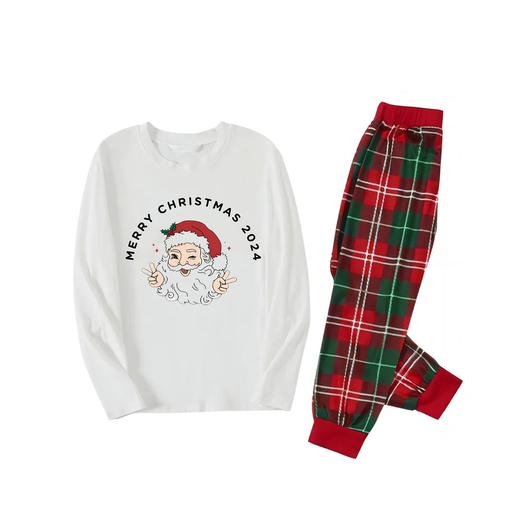 "Merry Christmas 2024" and Santa Printed Red & Green Plaid Family Matching Pajamas