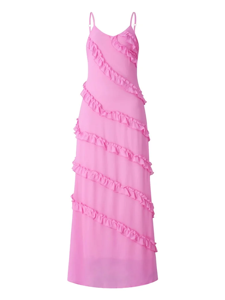 Elegant Women Sleeveless Strap Ruffle Sling Long Dress 2023 V-neck Summer Beach Side Split Party Evening Vestido 2023