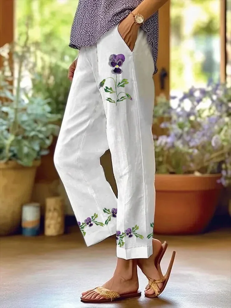 Women's Purple Floral Pansy Dementia Alzheimer's Disease Awareness Printed Cotton and Linen Casual Pants
