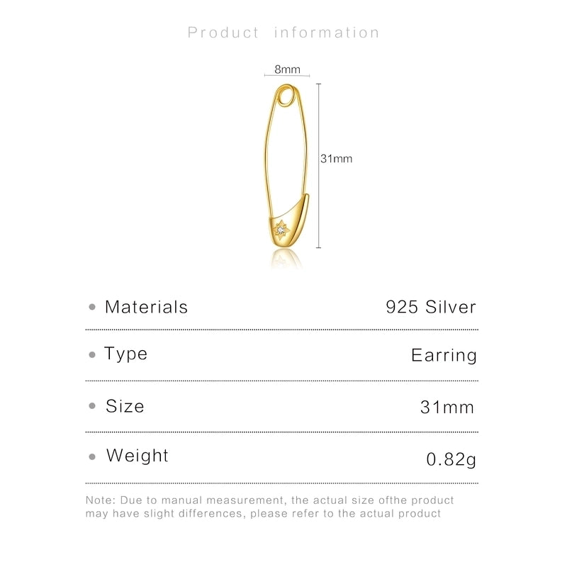 1 Piece 18K Gold Plated 925 Sterling Silver Zircon Paper Clip Earrings