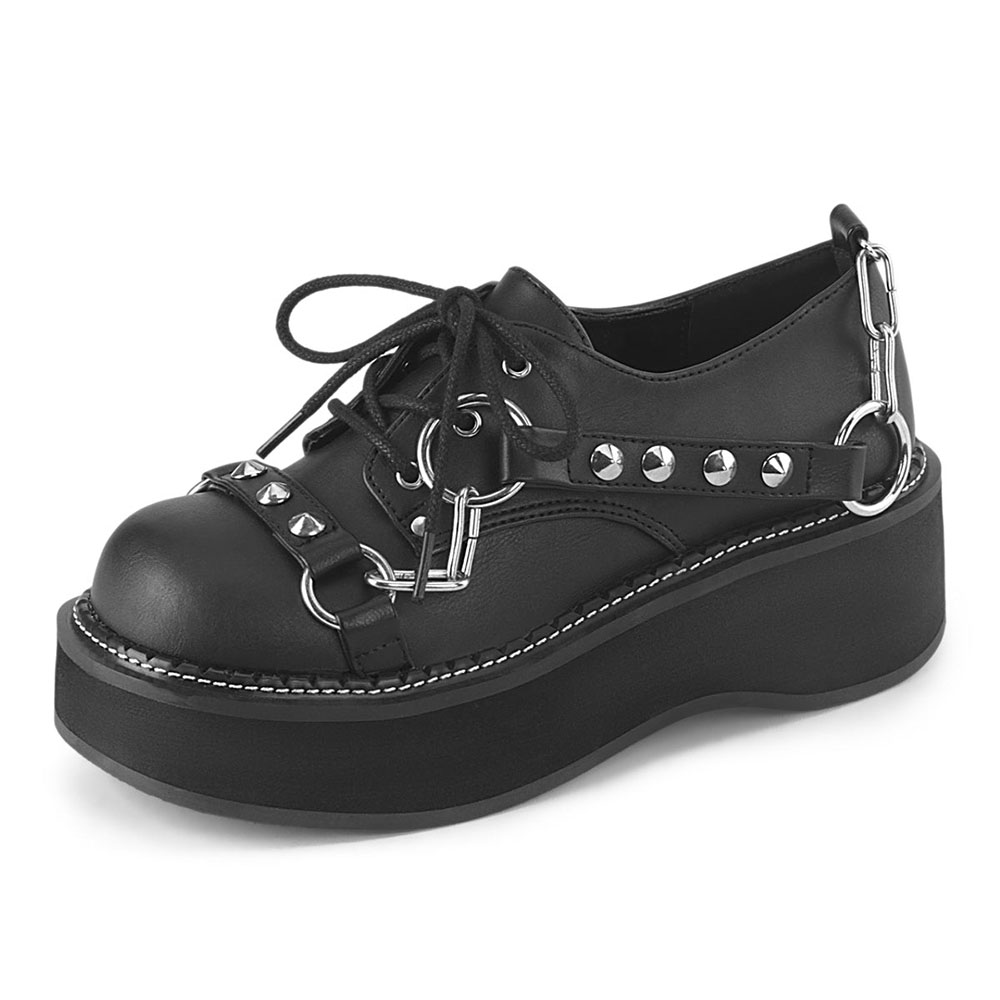 Black Rivet Round Toe Wedge Heel Lace-Up Platform Comfy Pumps Nicepairs