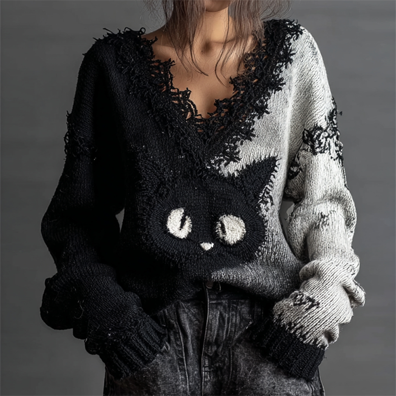 Black Cat Contrast Color Lace Trim Cozy Knit Sweater elevenforest