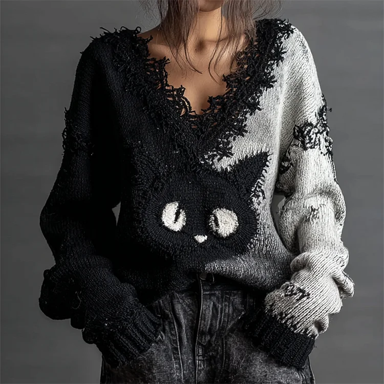 Black Cat Contrast Color Lace Trim Cozy Knit Sweater