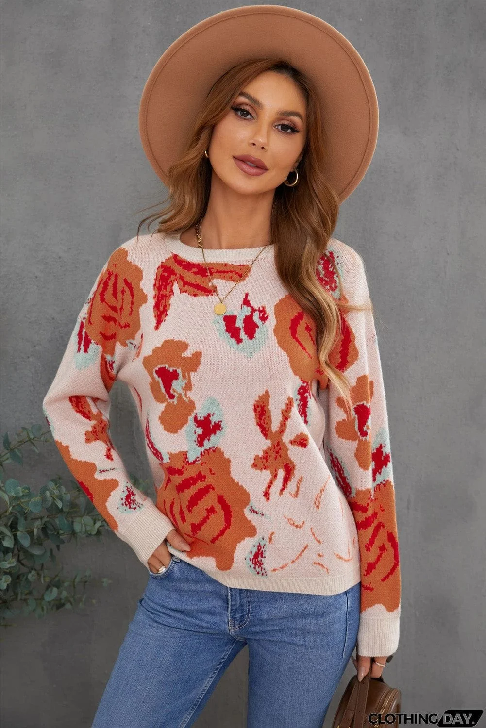 Floral Pattern Drop Shoulder Crew Neck Sweater